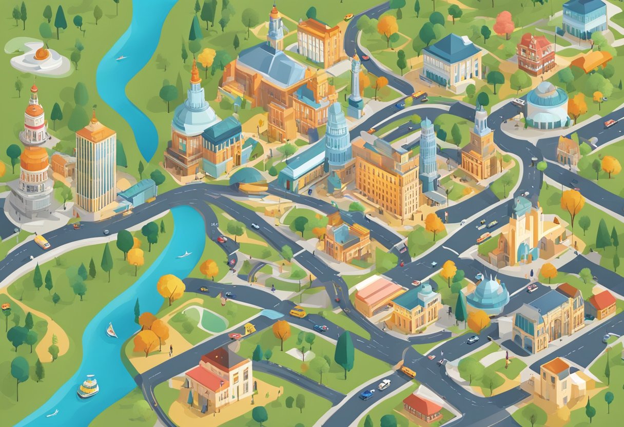 A colorful city map with animated icons of attractions, restaurants, and activities in Birmingham. Dynamic arrows show potential routes for a fun-filled day out