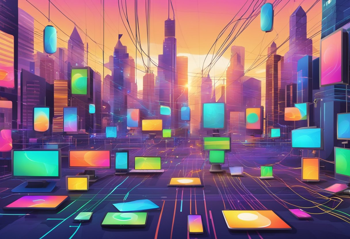 A group of electronic devices connected by wires and signals, powering colorful and dynamic animations in a vibrant city setting