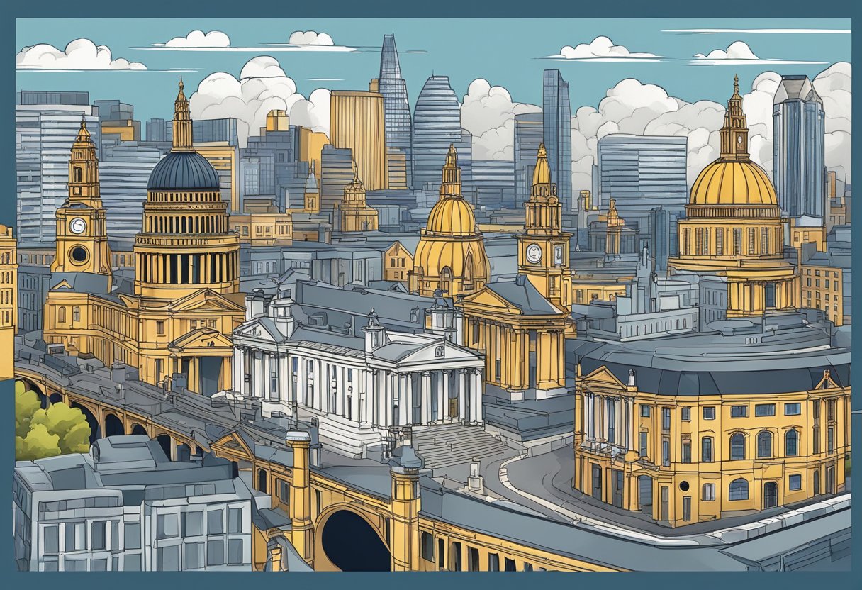 A bustling cityscape with iconic landmarks of Birmingham and London side by side, showcasing their unique architectural styles and vibrant atmosphere