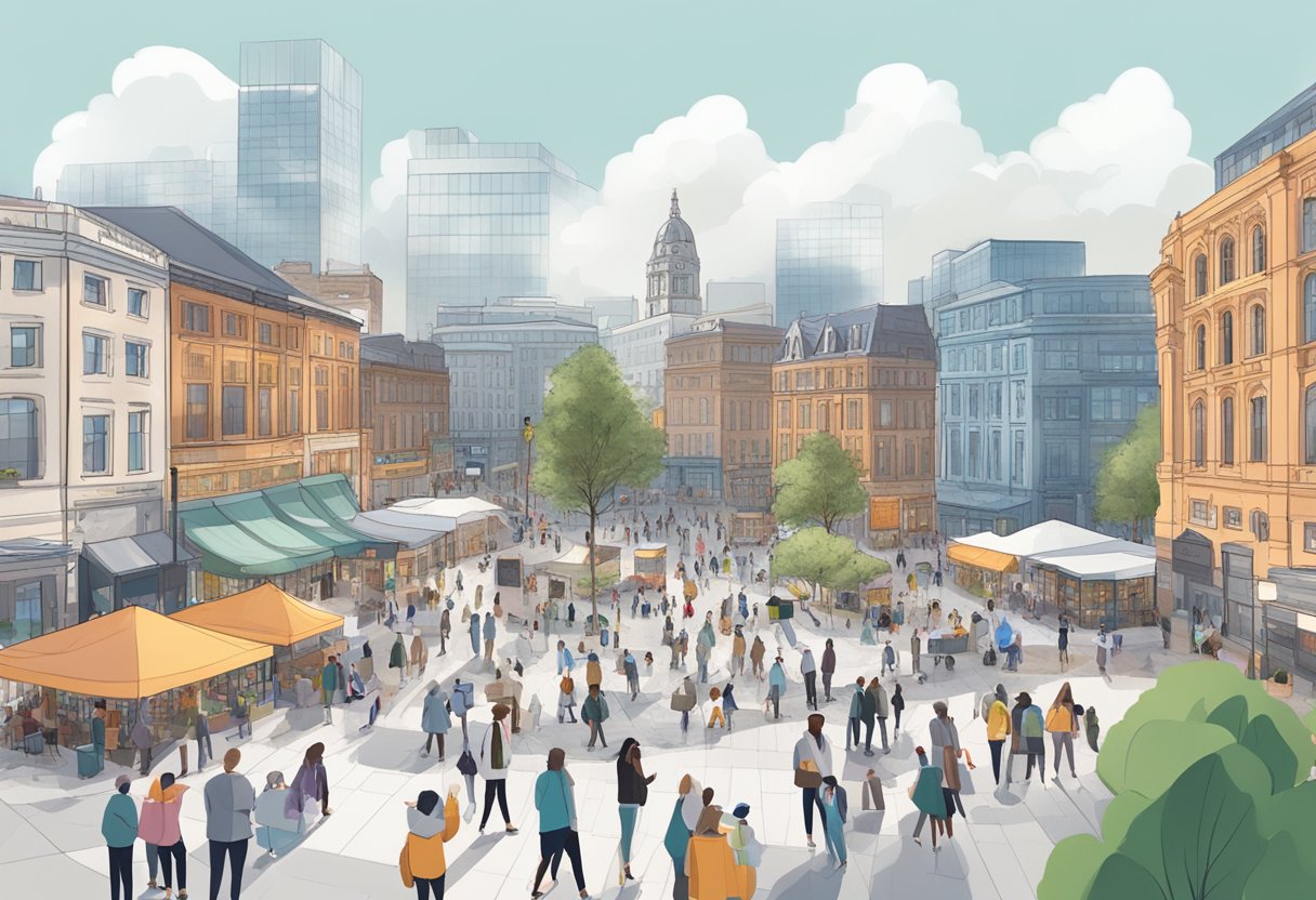 A bustling city square filled with interactive digital displays and engaging community-driven events in Birmingham