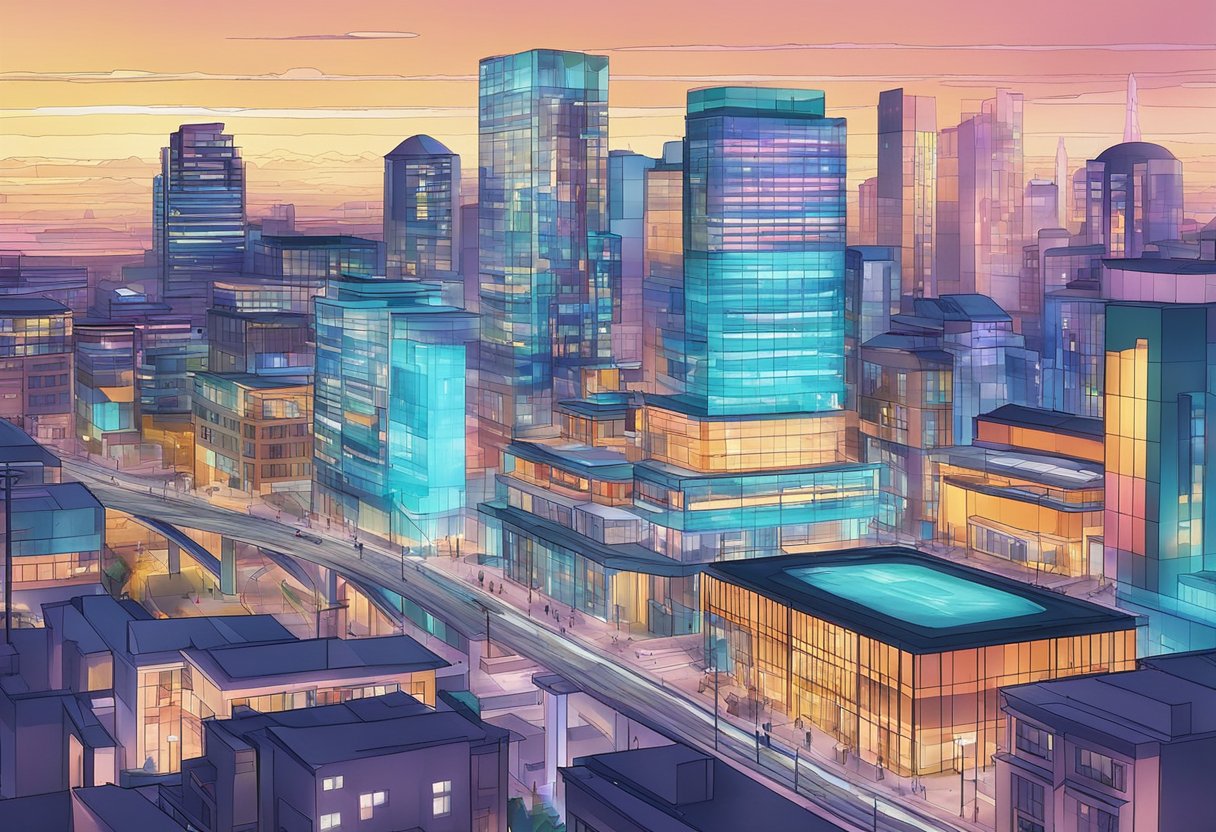 A futuristic cityscape with vibrant interactive animations projected onto buildings in Birmingham