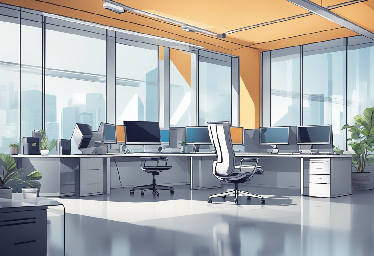 A sleek, modern office setting with professional video production equipment and computers. Bright, clean, and organized space with a focus on technology and creativity