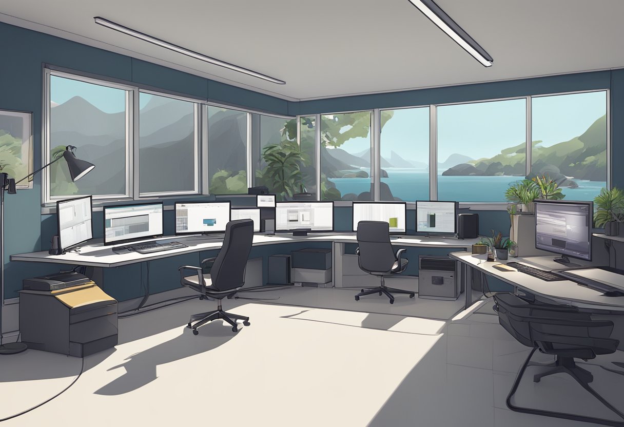 A sleek, modern animation studio in Aberdeen, with state-of-the-art equipment and a team of creative professionals working on corporate animations