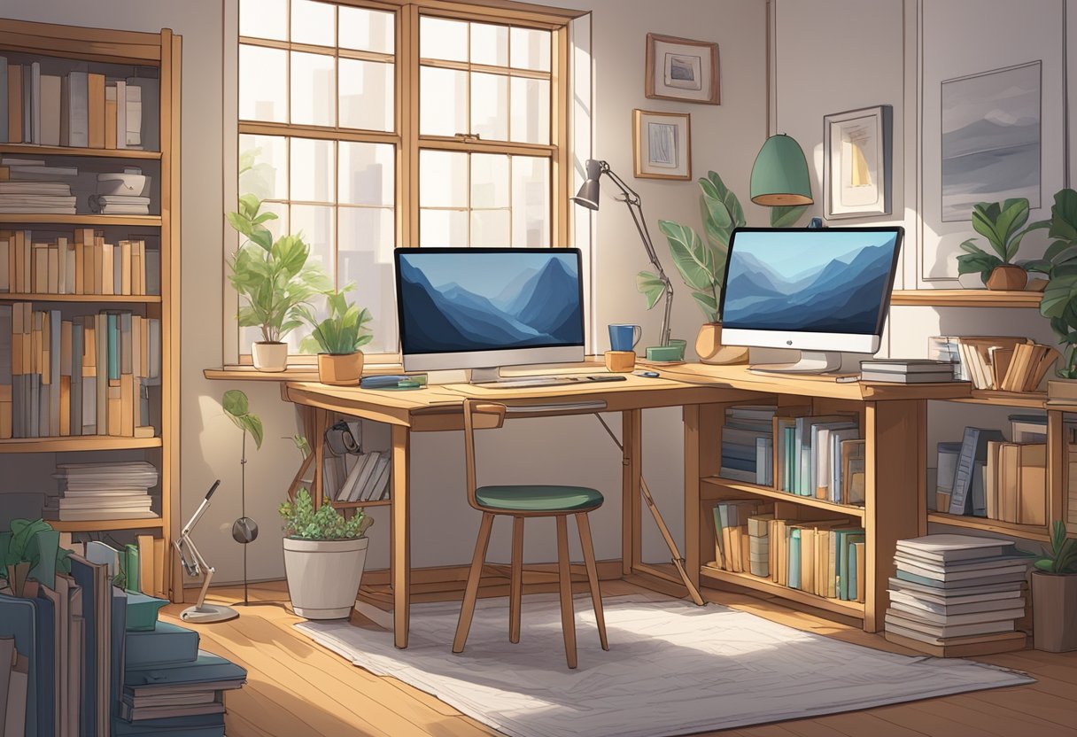 A desk with a computer and drawing tablet, surrounded by books and educational props, in a cozy studio in Inverness