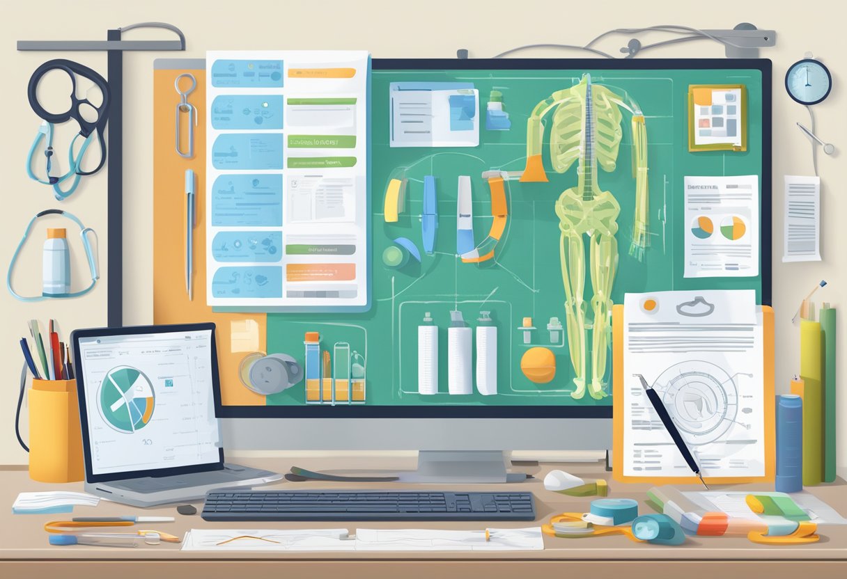 A computer screen displaying various medical symptoms, surrounded by educational materials and a tailor's measuring tape