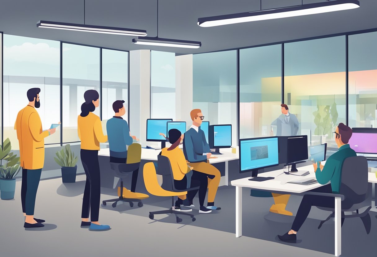 A group of professionals watch educational explainer videos in a modern office setting in Inverness, Scotland