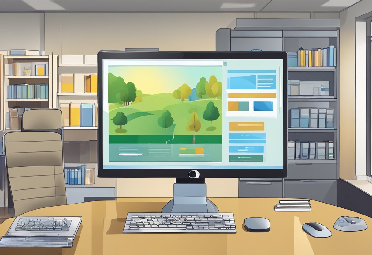 An educational explainer video being played on a computer screen in a professional office setting in Inverness