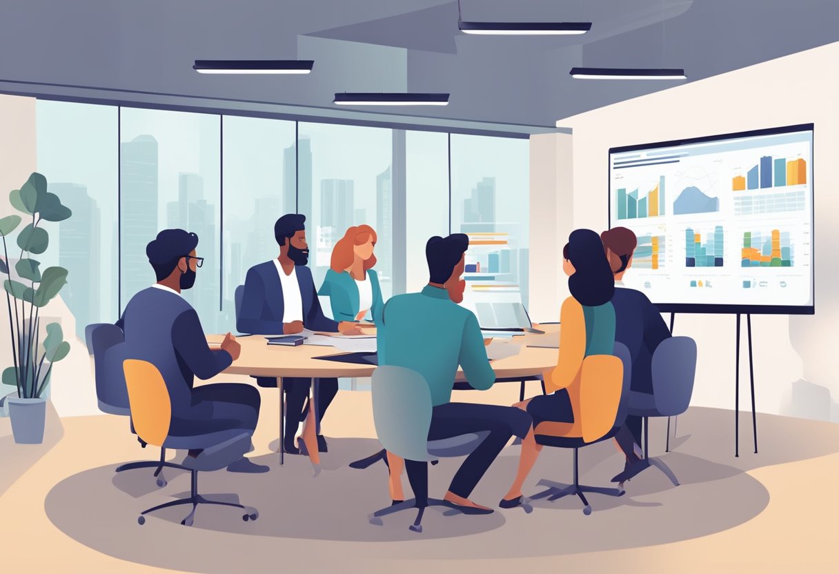 A group of professionals gather around a conference table, discussing and brainstorming ideas for an educational explainer video. Charts and graphs are displayed on a screen in the background