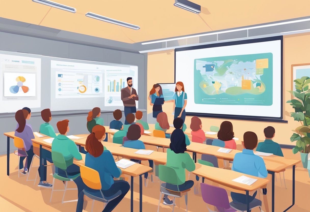 A modern classroom setting in Inverness with a large screen displaying an educational explainer video, surrounded by engaged students and a teacher