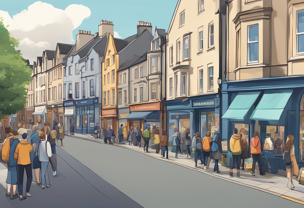 A bustling city street in Inverness, Scotland, with a prominent sign for an educational explainer video service and people watching the videos on their devices