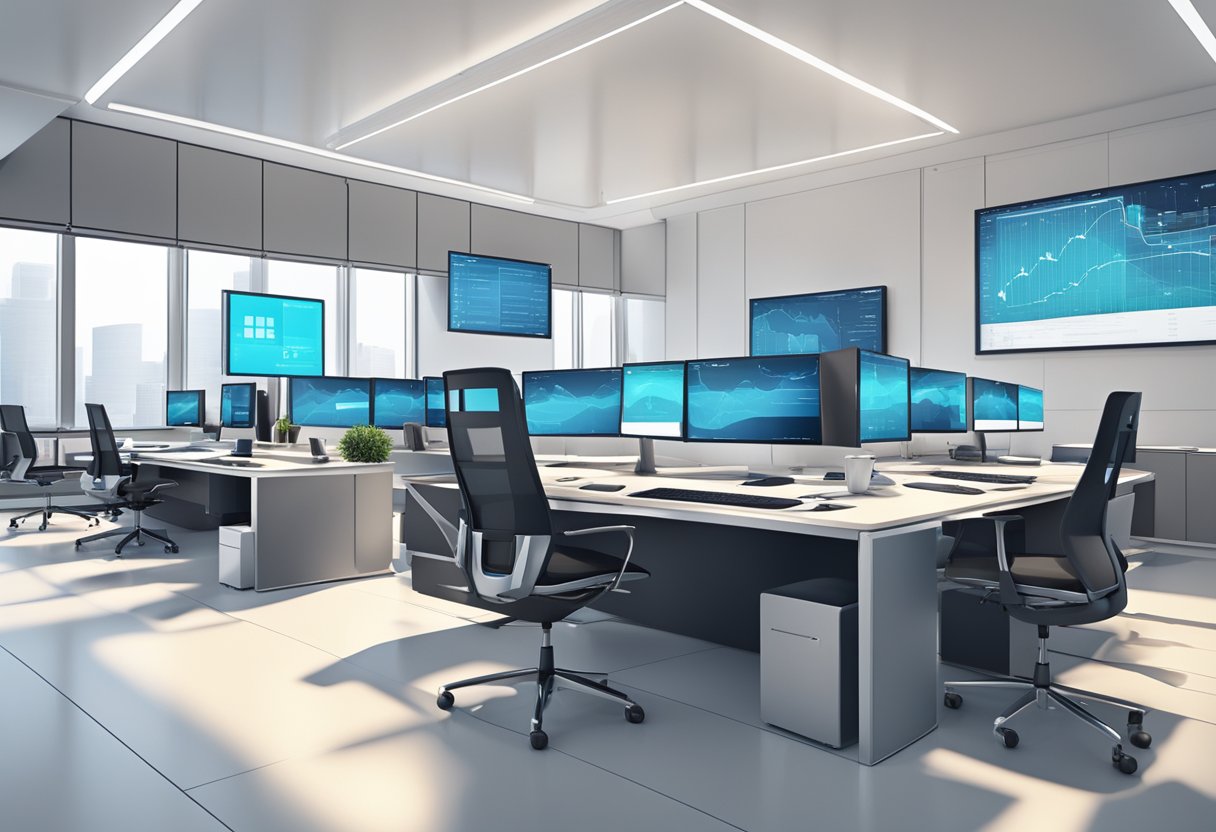 A sleek corporate office setting with animated graphics displayed on digital screens, conveying complex information in a visually engaging manner