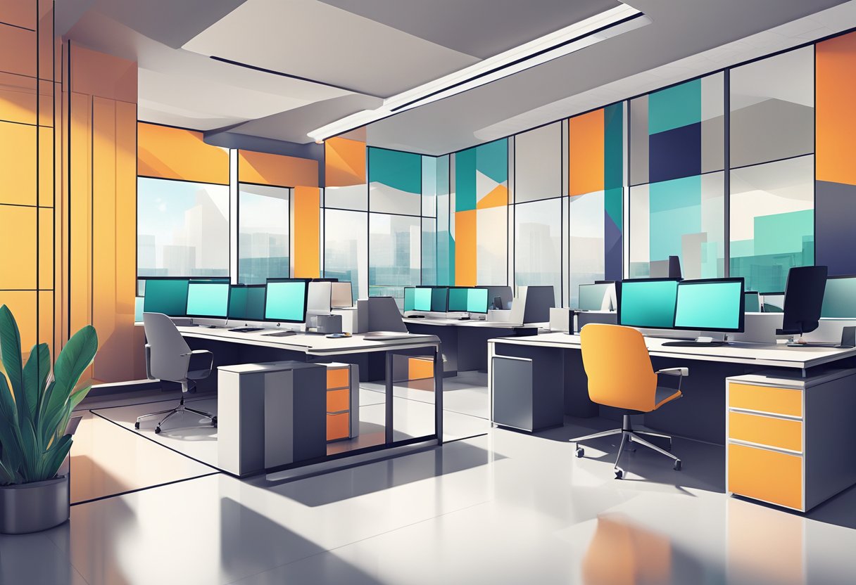 A sleek, modern office space with abstract geometric shapes and vibrant colors, showcasing the principles of animation design for a corporate setting in Swansea