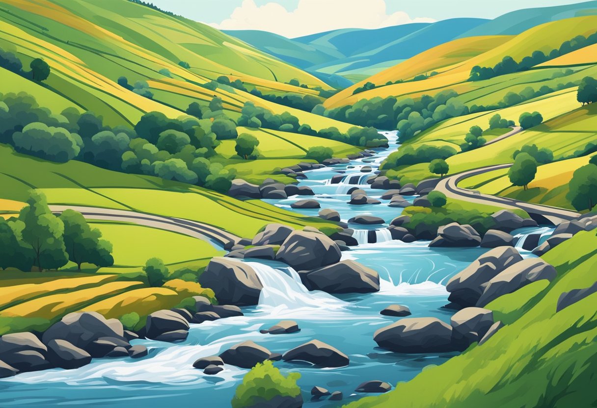 A vibrant, dynamic landscape featuring rolling hills, a flowing river, and a clear blue sky with fluffy white clouds. The scene is filled with movement and energy, capturing the essence of bespoke animations in Scotland