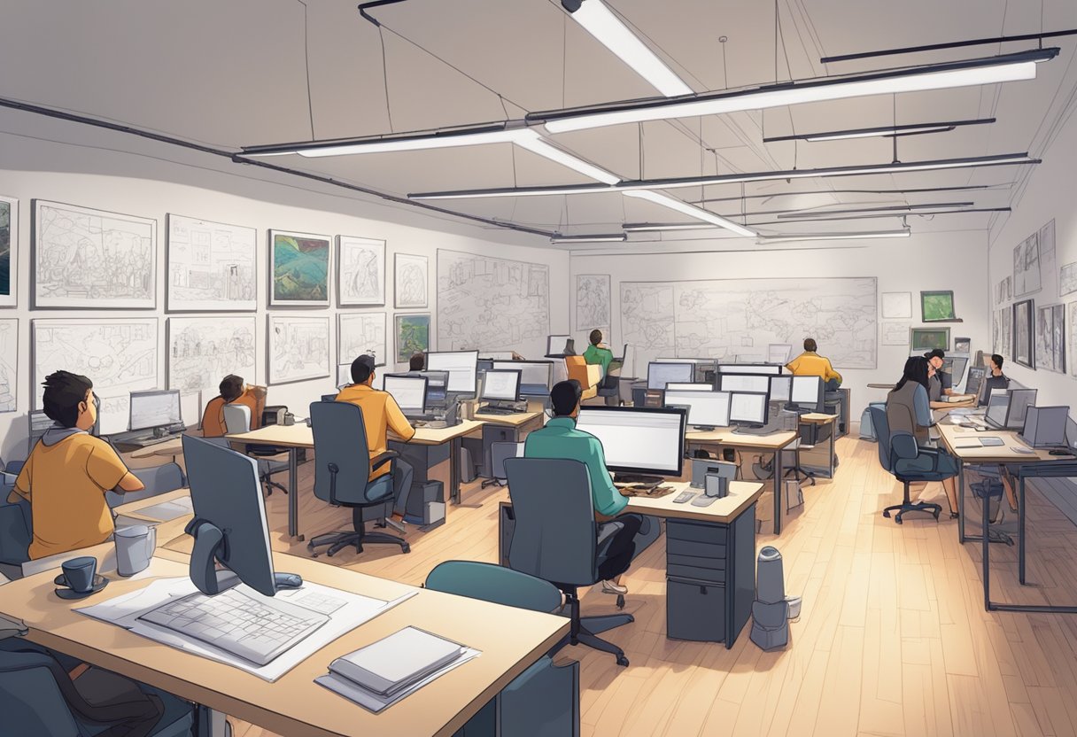 A bustling animation studio with artists sketching, computers rendering, and storyboards pinned to the walls