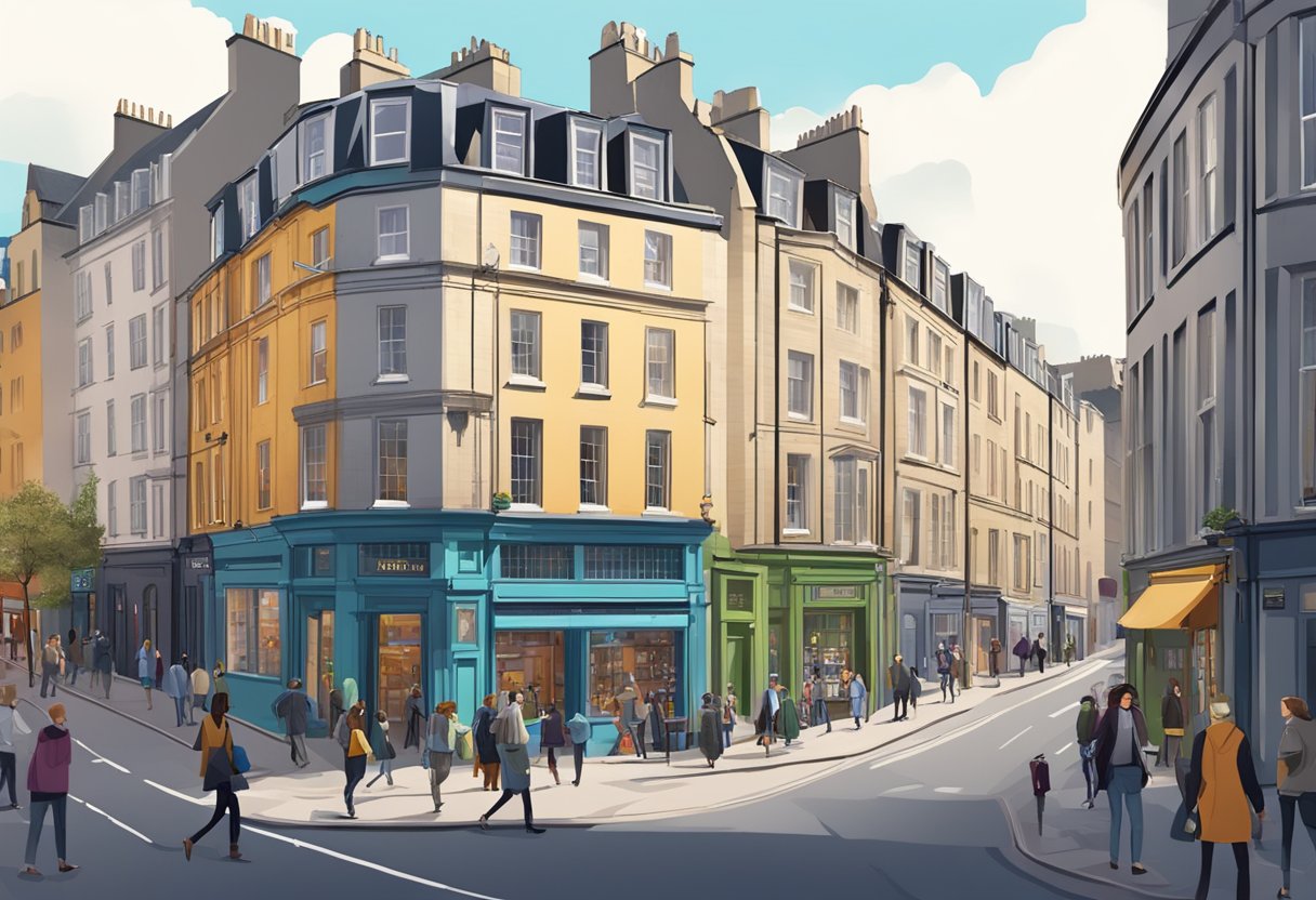A bustling Edinburgh street with colorful animation studios and innovative technology