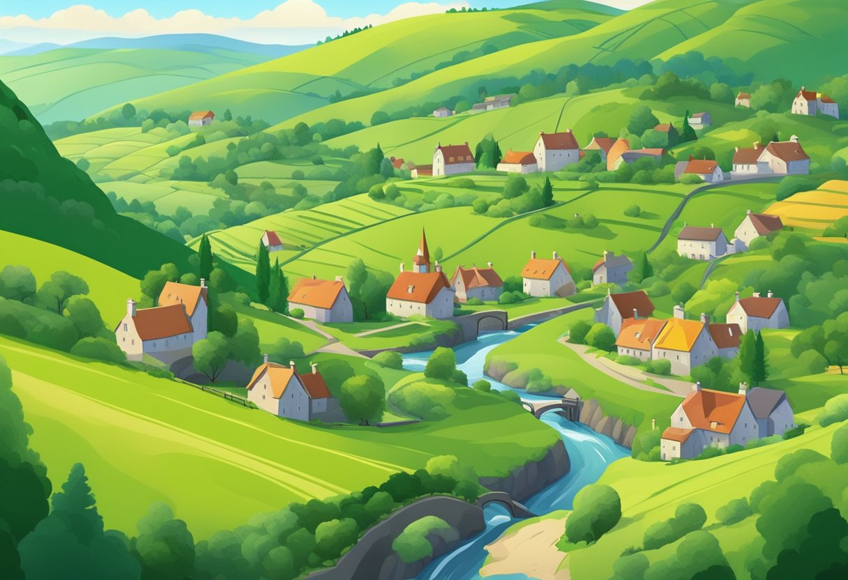 A lush green landscape with rolling hills and a quaint Scottish village, featuring a colorful animation studio nestled among the scenery