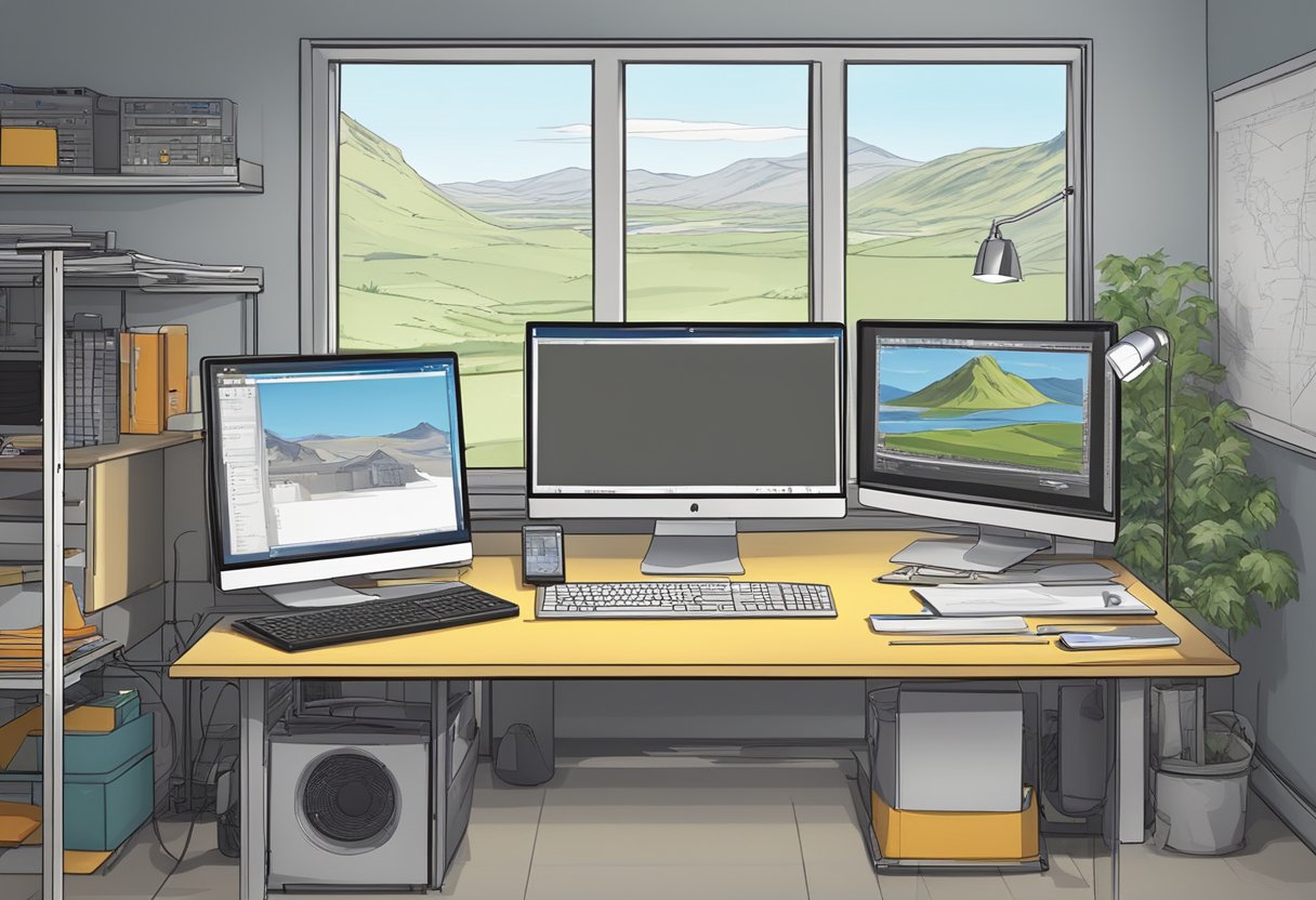 A computer workstation with animation software and drawing tablet in a modern studio setting in Scotland