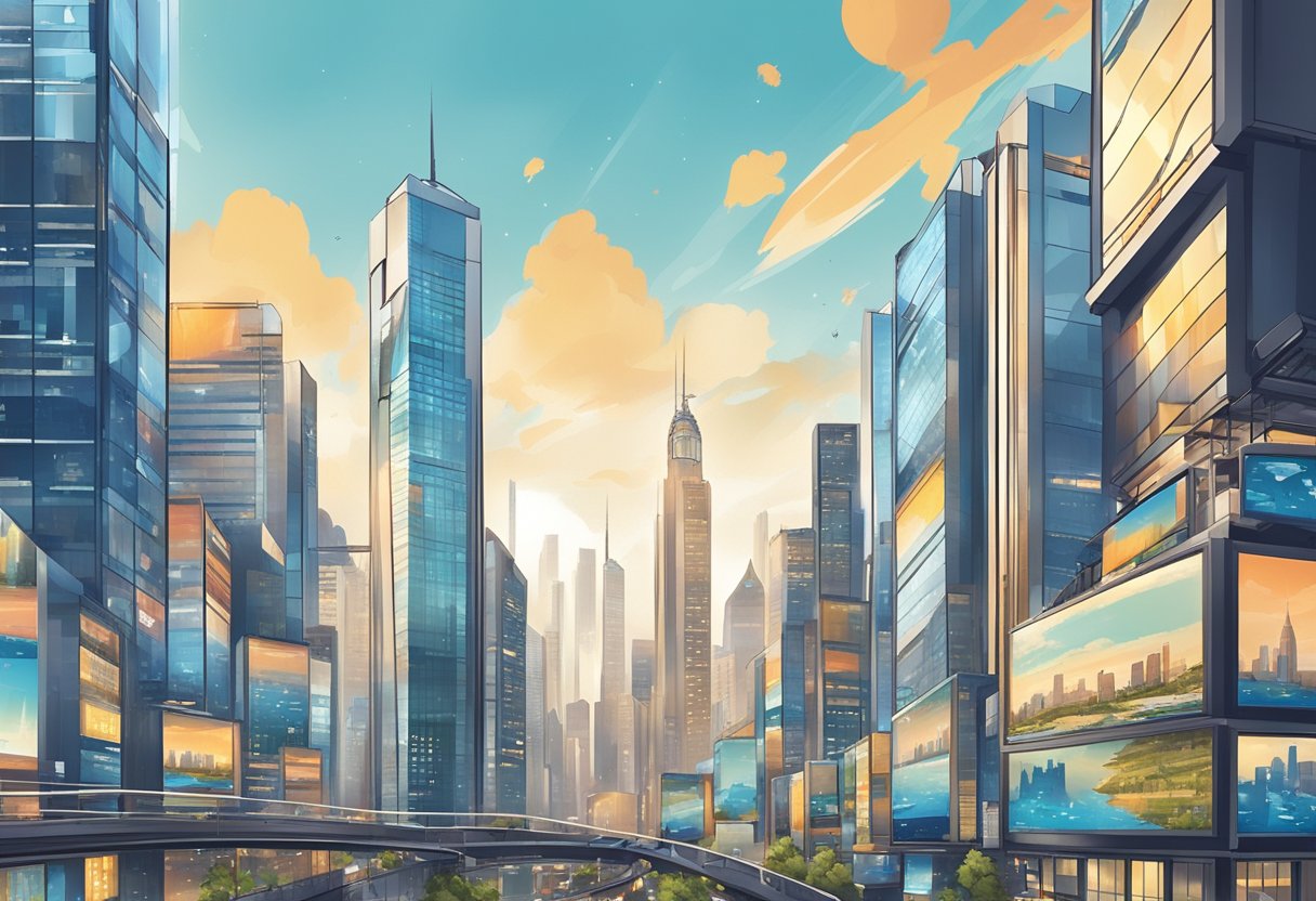 A bustling city skyline with modern office buildings and animated logos displayed on digital billboards