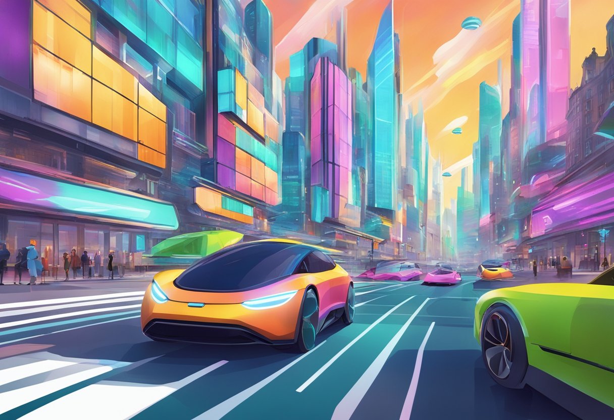 A vibrant, futuristic cityscape with flying cars and holographic displays, showcasing the cutting-edge technology and creativity of Scotland's animation industry