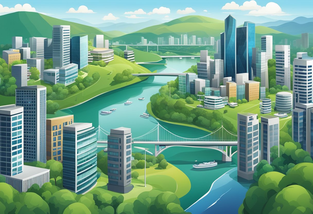 A bustling cityscape with modern office buildings and corporate logos, surrounded by green hills and a nearby river