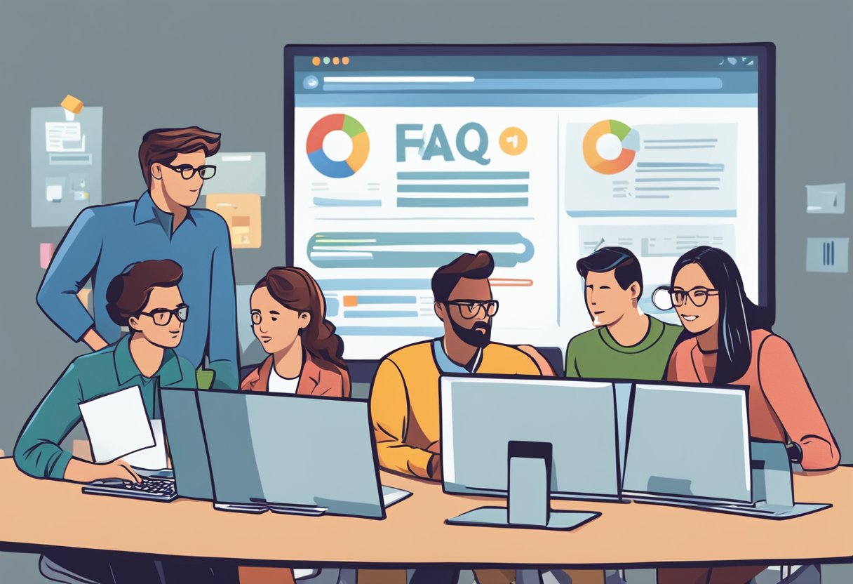 A group of people gather around a computer screen, pointing and discussing. A large "FAQ" sign hangs on the wall behind them