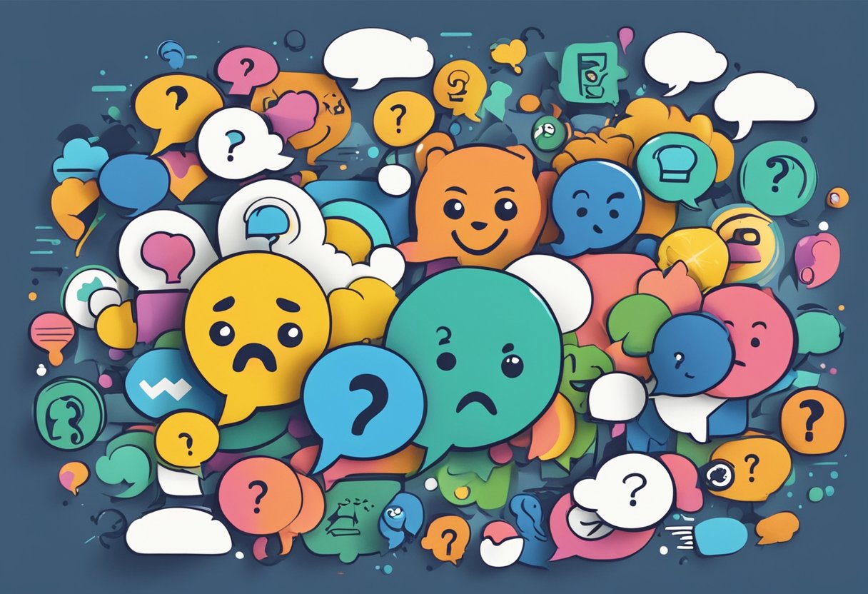 A stack of colorful speech bubbles with question marks, surrounded by animated characters and symbols representing Scotland