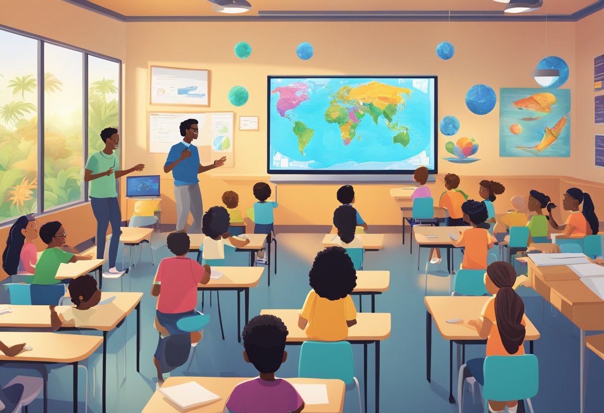 A diverse group of students engage with interactive educational animations in a vibrant Florida classroom, showcasing the evolution and significance of this technology