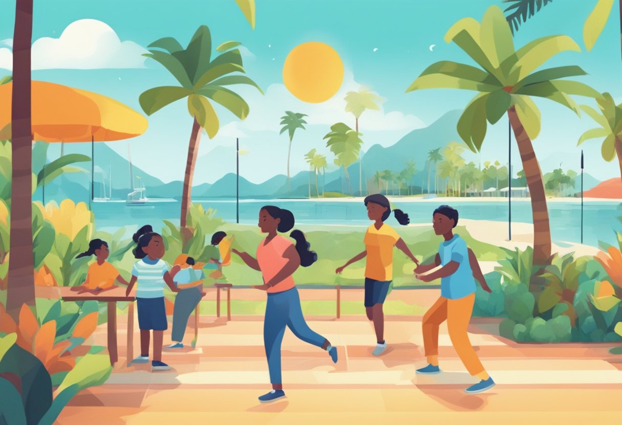 A colorful, dynamic animation showing interactive learning activities in a Florida setting