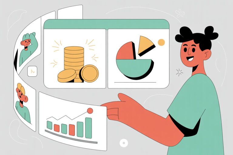 Illustration of a person interacting with floating financial dashboards, including images of coins, a pie chart, a bar graph, and profile avatars on a gray background.