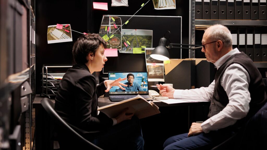 Two people sit at a desk discussing documents, with evidence boards behind them and a video call with a third person visible on a laptop—an ideal scene for Animation Agencies to recreate in 3D.