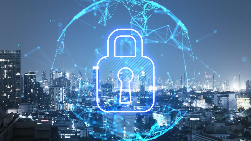A digital padlock and network graphic overlay a cityscape at night, featuring engaging visuals that symbolize digital safety and data protection in an urban environment.