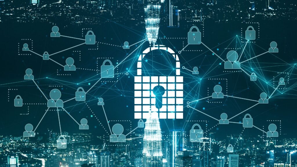 A city skyline at night overlaid with digital padlock icons and connecting lines, this engaging visual symbolizes cybersecurity and digital safety within an interconnected urban network.