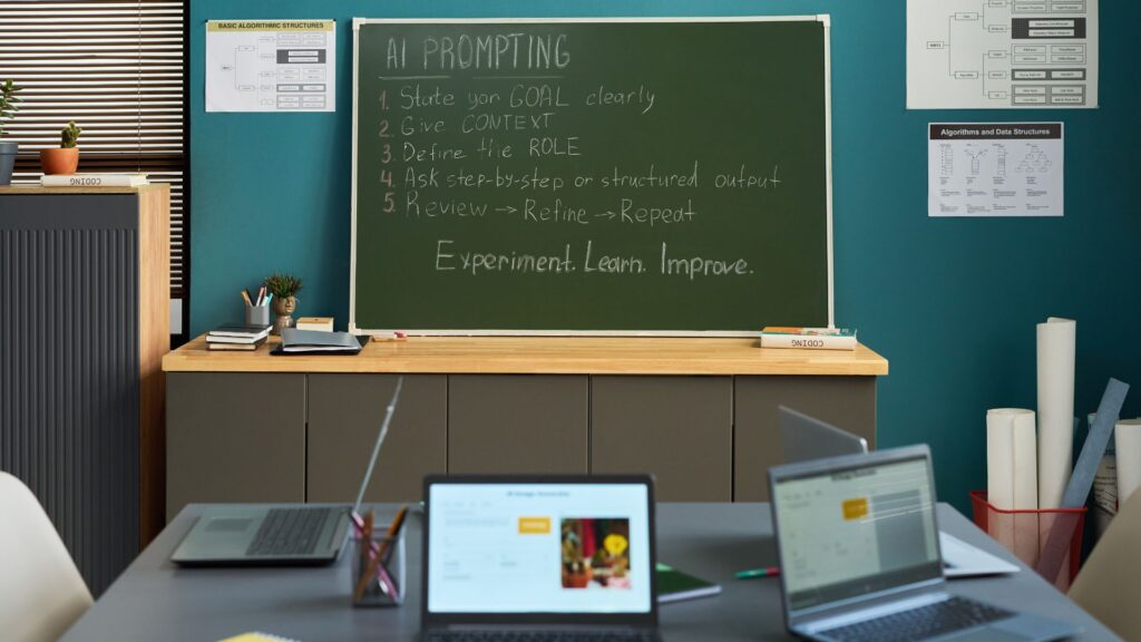 Classroom with a chalkboard displaying steps for AI prompting, laptops on the table, educational posters on the walls, and practical guidance for teacher training.