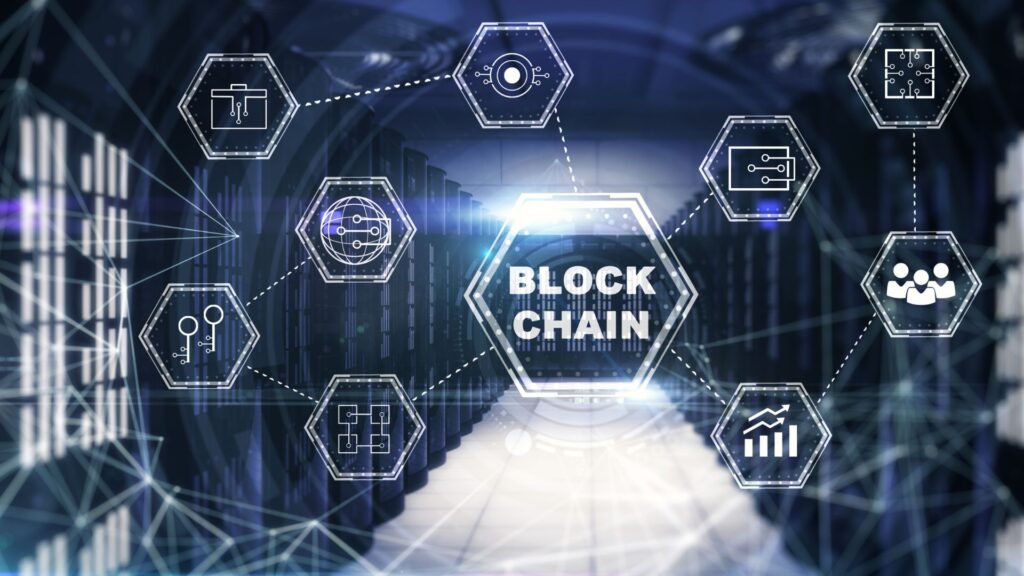 A data center hallway with digital icons connected by lines, centered around "BLOCKCHAIN," features engaging animations and crypto visuals to represent blockchain technology and data network concepts.