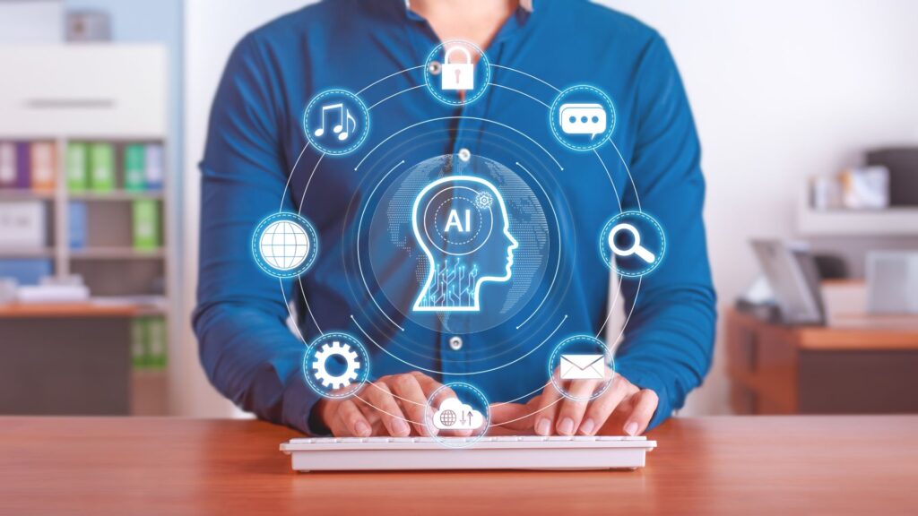Person typing on a keyboard with AI and technology icons digitally overlaid, representing artificial intelligence concepts, digital connectivity, and the innovative world of AI animation explainer video content creation.