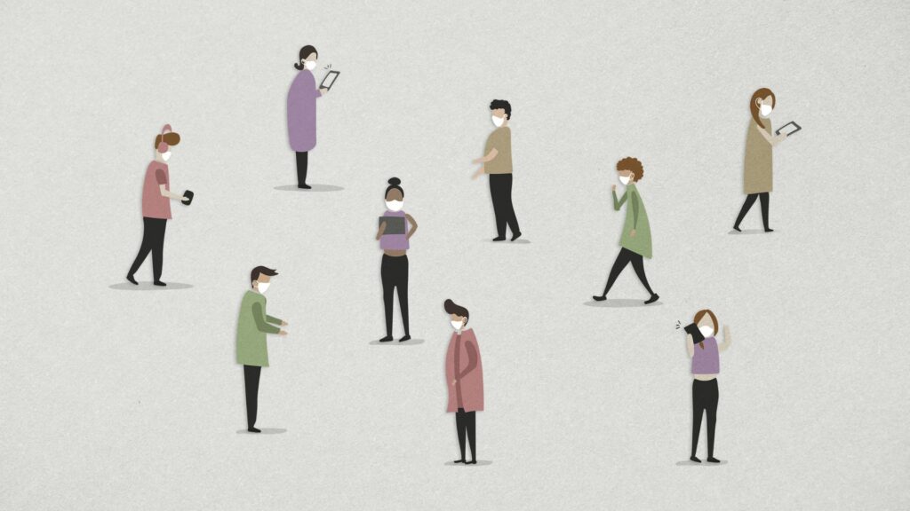 Video Animation illustration of nine people wearing masks, standing or walking while holding smartphones or tablets, spaced apart on a light background.