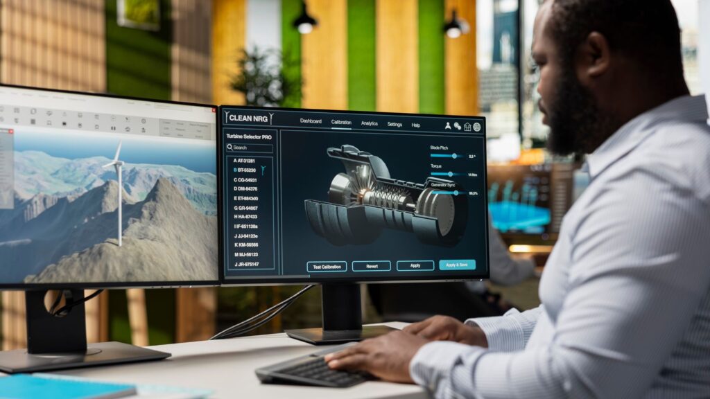 Man working at a desk with two monitors; one shows a 3D wind turbine model on a landscape, while the other displays an Animation Software Comparison dashboard for turbine-related applications.