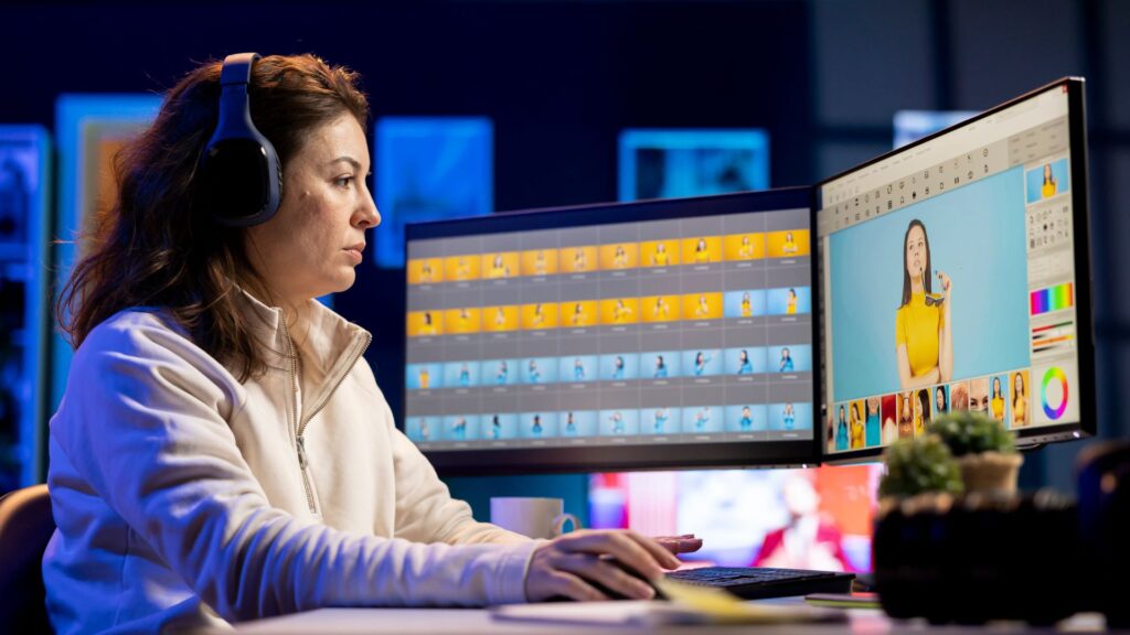 Woman wearing headphones edits photos on dual monitors at a desk, focusing on an image of a person in yellow clothing—perfect for those seeking creative inspiration or recommended animation services.