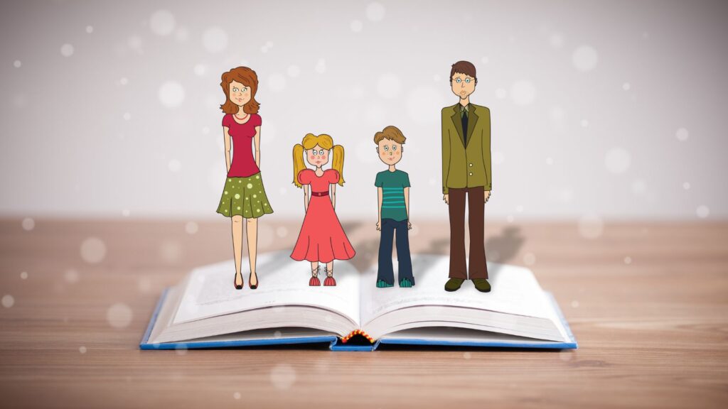 Illustration of a woman, girl, boy, and man standing on an open book placed on a wooden surface, with a soft blurred background—perfect for showcasing insurance animation benefits in your next explainer project.