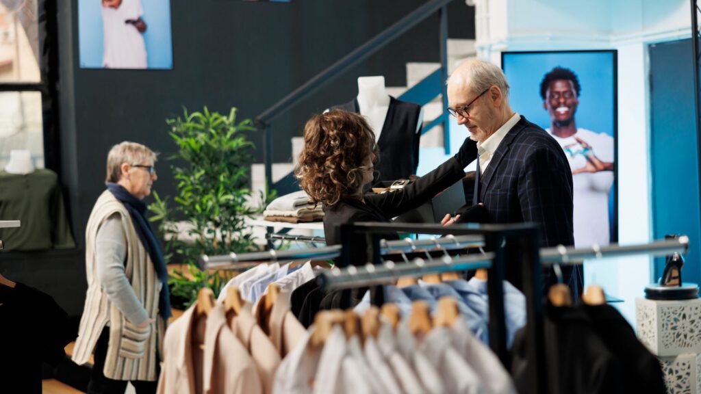 A woman adjusts a man's jacket in a clothing store, while another person shops nearby; racks of clothes and mannequins are visible—ideal inspiration for an animation for trade show displays.