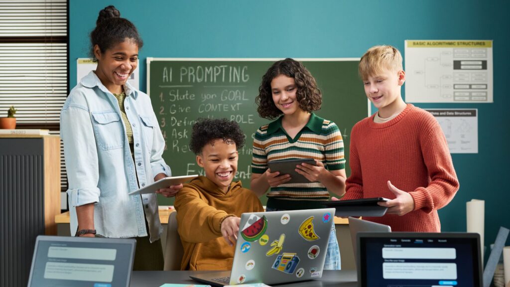 Four students stand around a desk using laptops and tablets in a classroom with a chalkboard that reads "AI Prompting," showcasing collaborative learning.