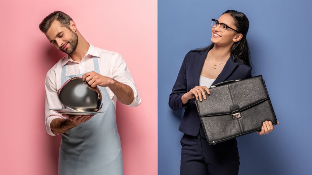 A man in an apron lifts a cloche over a plate on a pink background, while a woman in business attire with a briefcase smiles on blue—perfect visuals for an Animation Under £1000 showcase.