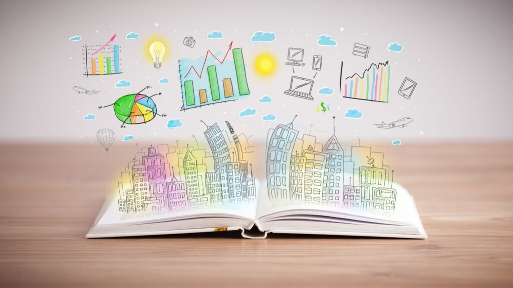 An open book on a wooden table with colorful animations of city buildings, business-related graphs, charts, and icons emerging from its pages—perfect for engaging visual learning and financial education.
