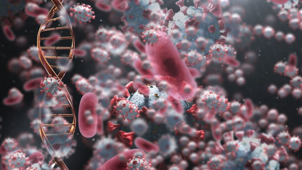 Digital illustration showing DNA strand, red blood cells, and multiple coronavirus particles floating in a dark background—perfect for showcasing Medical Animation Impact and real-world Medical Animation Uses.