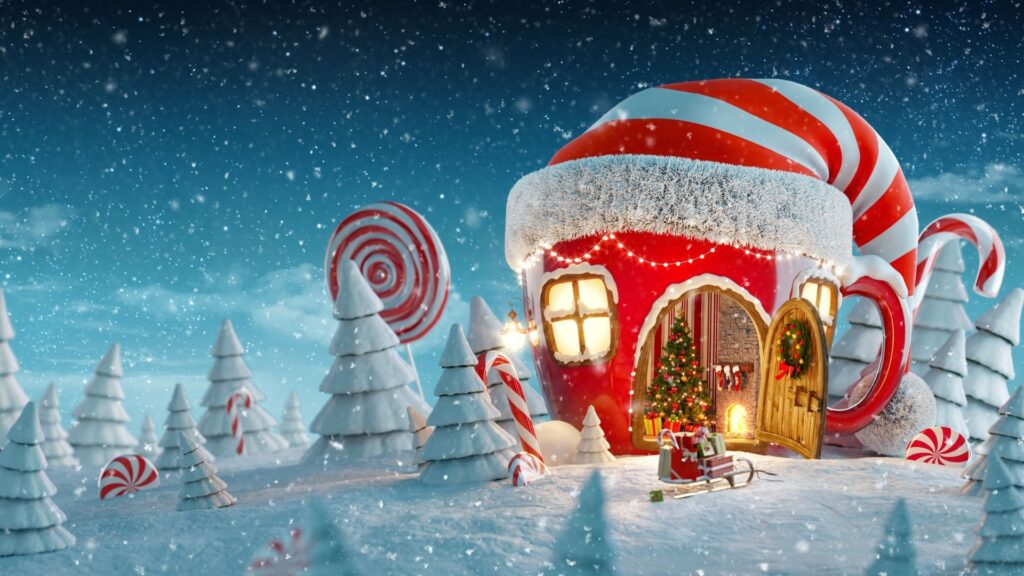 A whimsical house shaped like a red and white teacup sits in a snowy landscape with decorated trees, candy canes, and lollipops under a starry sky—perfect inspiration for Christmas Animation Services.