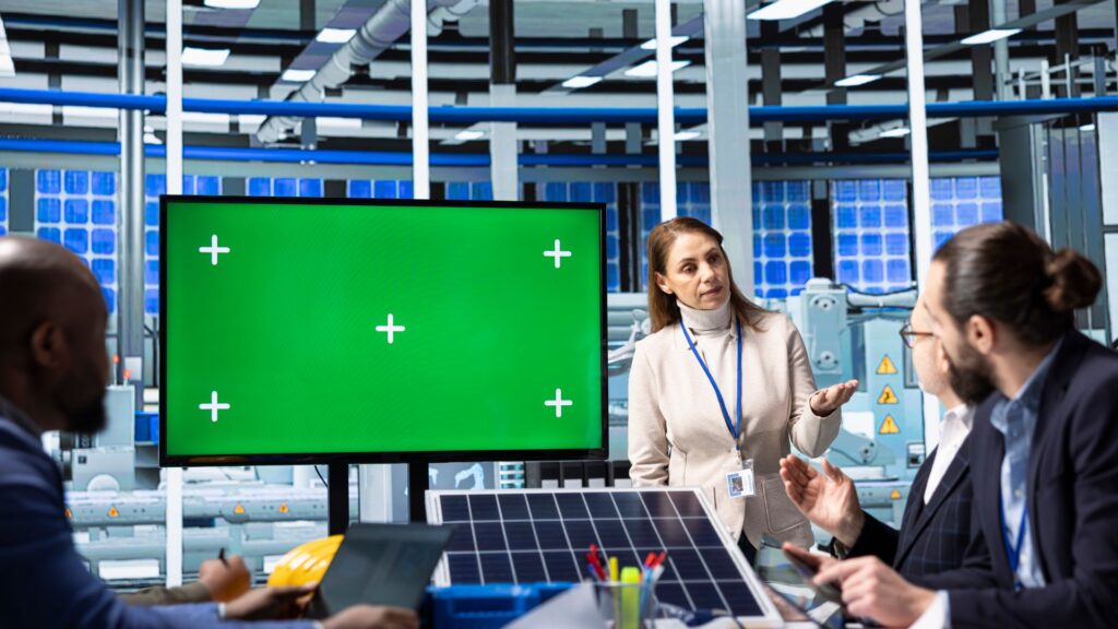 Four people in a modern office discuss around a table with a solar panel and devices, while a woman presents next to a large screen displaying a green chroma key—much like scenes crafted by animation studios with an educational voice.