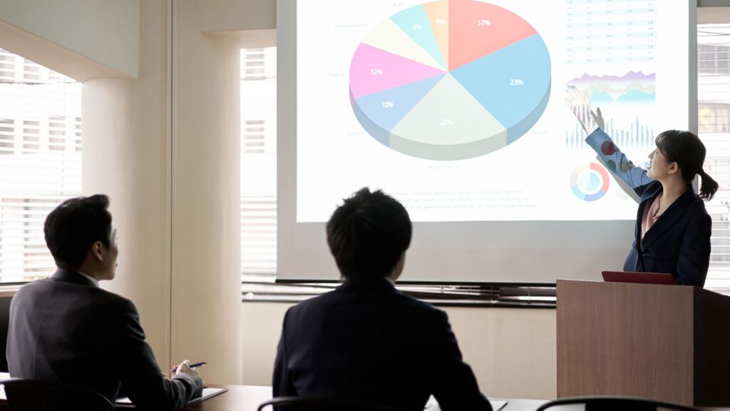 A woman in business attire points to a large projected pie chart during an Animation for Presentation, while two men sit and watch attentively.