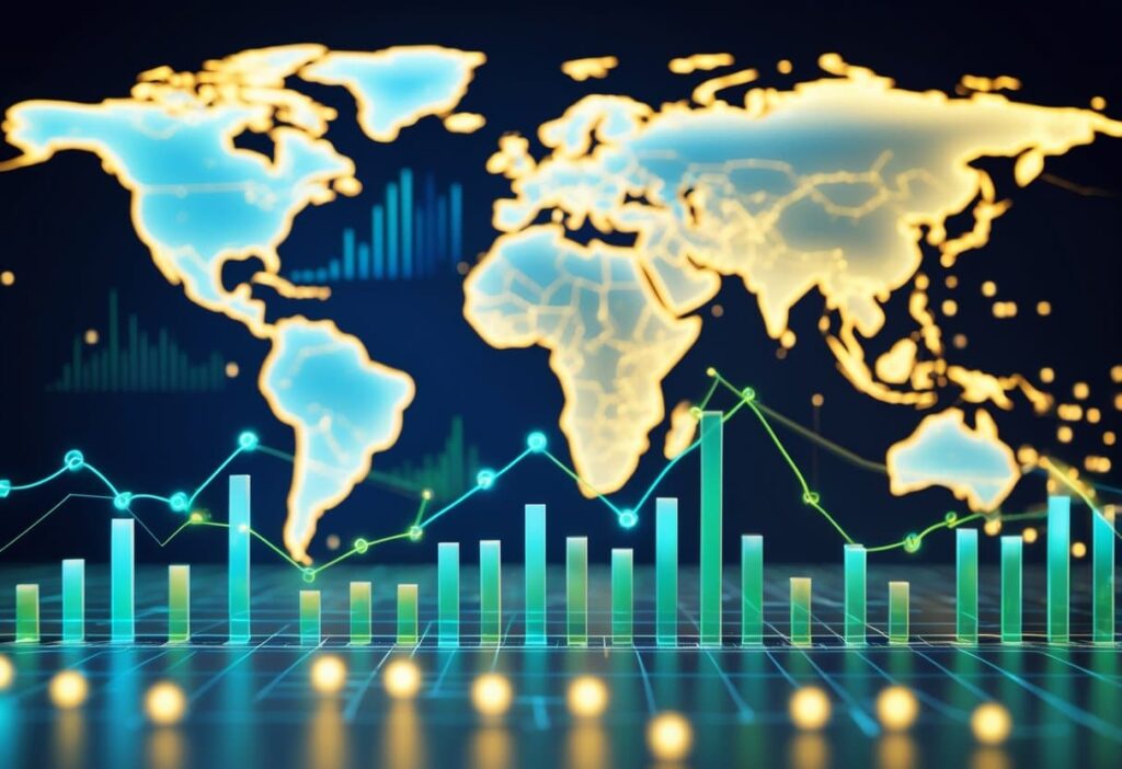 A video animation of a digital illustration features a world map in the background with bar and line graphs in the foreground, representing global financial or economic data analysis.