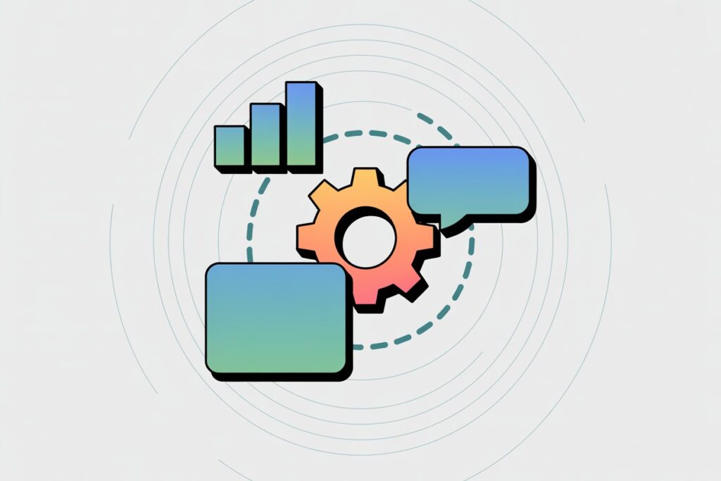 A central gear icon is surrounded by a bar chart, a speech bubble, and a rectangle, all with gradient color fills in a 2D animation style, set against a background of concentric circles.