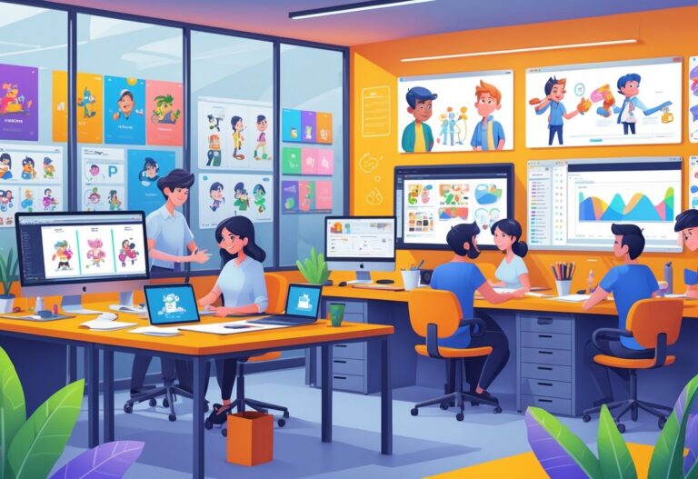 A lively animation studio with artists working on computers and drawing tablets creating 2D animations, surrounded by character sketches and storyboards.